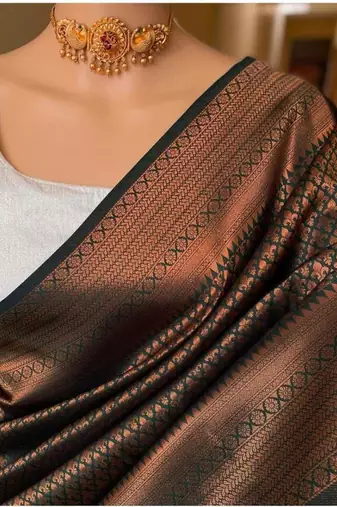 Black silk blend jacuard work festival saree with unstitched blouse piece