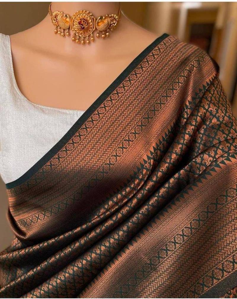 Black silk blend jacuard work festival saree with unstitched blouse piece