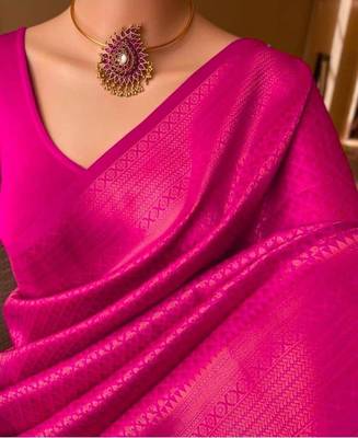 Pink silk blend jacuard work festival saree with unstitched blouse piece 1