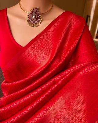 Red silk blend jacuard work festival saree with unstitched blouse piece 1