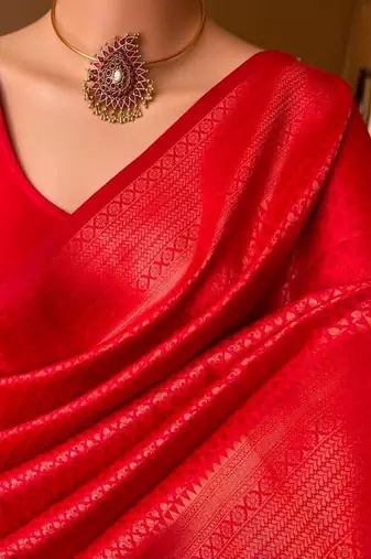 Red silk blend jacuard work festival saree with unstitched blouse piece