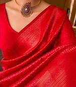 Red silk blend jacuard work festival saree with unstitched blouse piece