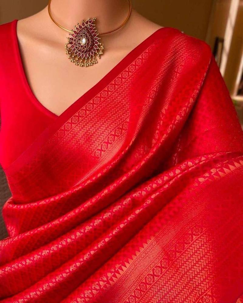 Red silk blend jacuard work festival saree with unstitched blouse piece