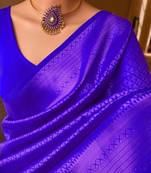 Royal blue silk blend jacuard work festival saree with unstitched blouse piece