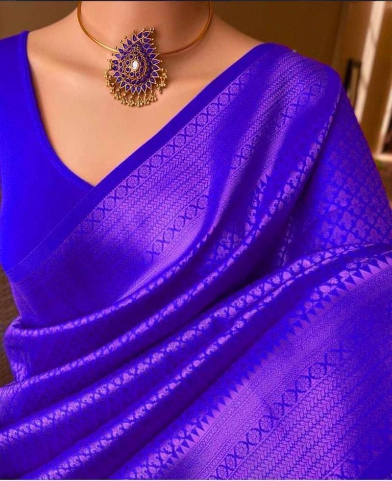 Royal blue silk blend jacuard work festival saree with unstitched blouse piece