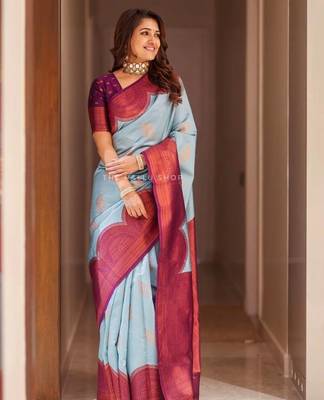 Turquoise purple silk blend jacuard work festival saree with unstitched blouse piece 1