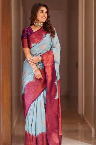 Turquoise purple silk blend jacuard work festival saree with unstitched blouse piece