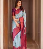 Turquoise purple silk blend jacuard work festival saree with unstitched blouse piece
