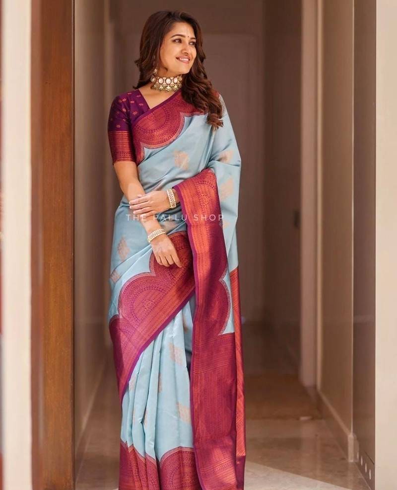 Turquoise purple silk blend jacuard work festival saree with unstitched blouse piece