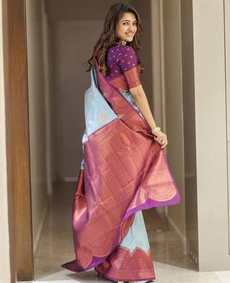 Turquoise purple silk blend jacuard work festival saree with unstitched blouse piece 2