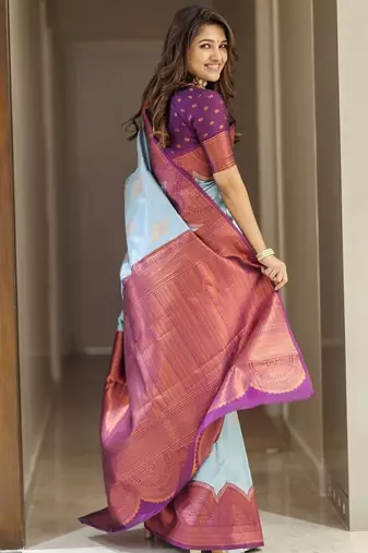 Turquoise purple silk blend jacuard work festival saree with unstitched blouse piece