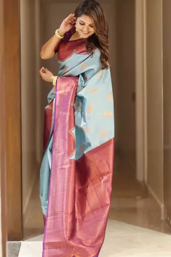 Turquoise purple silk blend jacuard work festival saree with unstitched blouse piece