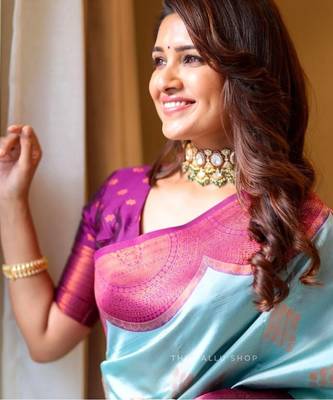 Turquoise purple silk blend jacuard work festival saree with unstitched blouse piece 4