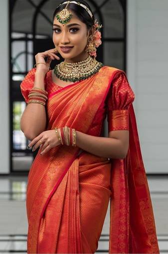 Red silk blend jacuard work festival saree with unstitched blouse piece