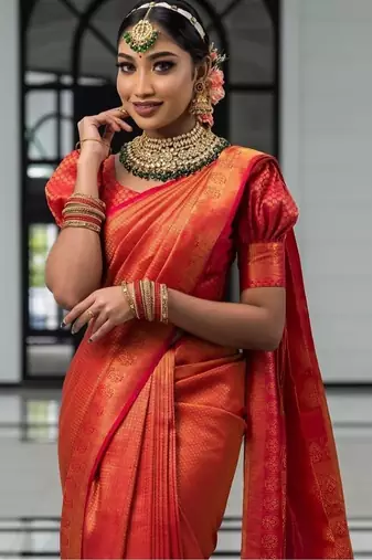 Red silk blend jacuard work festival saree with unstitched blouse piece