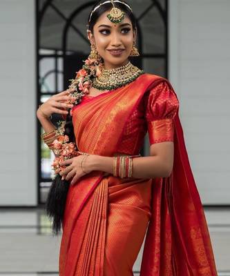 Red silk blend jacuard work festival saree with unstitched blouse piece 2