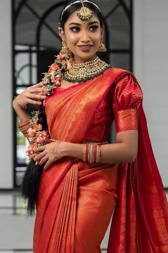 Red silk blend jacuard work festival saree with unstitched blouse piece