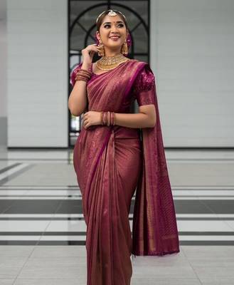 Wine silk blend jacuard work festival saree with unstitched blouse piece 1