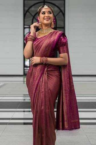 Wine silk blend jacuard work festival saree with unstitched blouse piece
