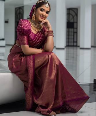 Wine silk blend jacuard work festival saree with unstitched blouse piece 2