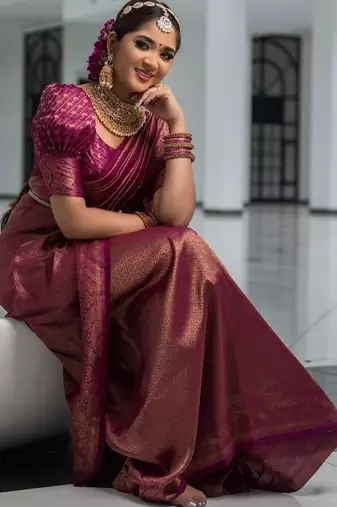 Wine silk blend jacuard work festival saree with unstitched blouse piece