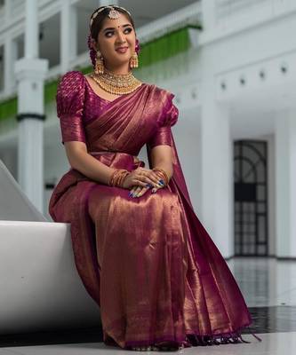 Wine silk blend jacuard work festival saree with unstitched blouse piece 3