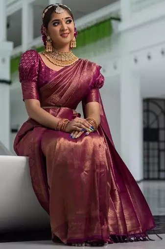 Wine silk blend jacuard work festival saree with unstitched blouse piece