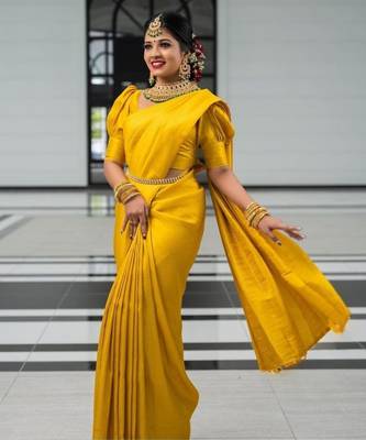 Yellow silk blend jacuard work festival saree with unstitched blouse piece 1