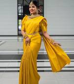 Yellow silk blend jacuard work festival saree with unstitched blouse piece