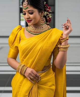 Yellow silk blend jacuard work festival saree with unstitched blouse piece 3