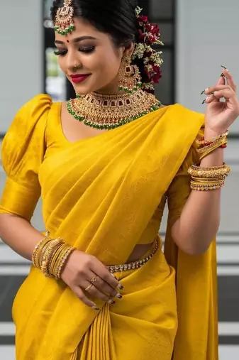 Yellow silk blend jacuard work festival saree with unstitched blouse piece
