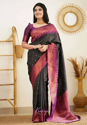 Black wine silk blend jacuard work festival saree with unstitched blouse piece 1