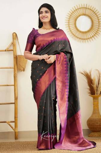 Black wine silk blend jacuard work festival saree with unstitched blouse piece