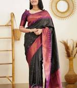 Black wine silk blend jacuard work festival saree with unstitched blouse piece