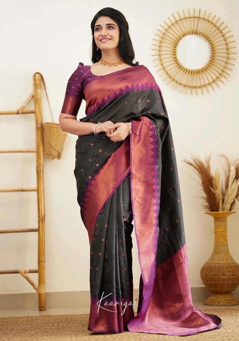 Black wine silk blend jacuard work festival saree with unstitched blouse piece