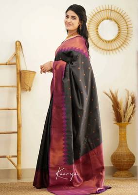 Black wine silk blend jacuard work festival saree with unstitched blouse piece 2