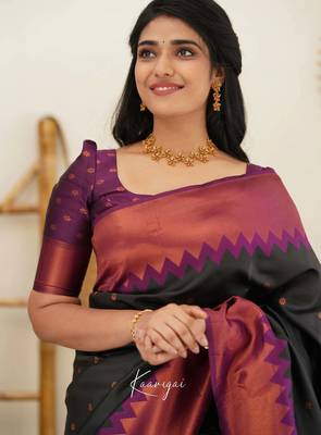 Black wine silk blend jacuard work festival saree with unstitched blouse piece 4