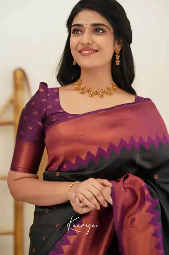 Black wine silk blend jacuard work festival saree with unstitched blouse piece