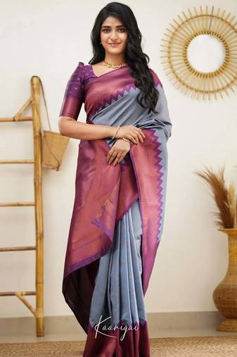 Grey wine silk blend jacuard work festival saree with unstitched blouse piece