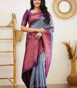 Grey wine silk blend jacuard work festival saree with unstitched blouse piece