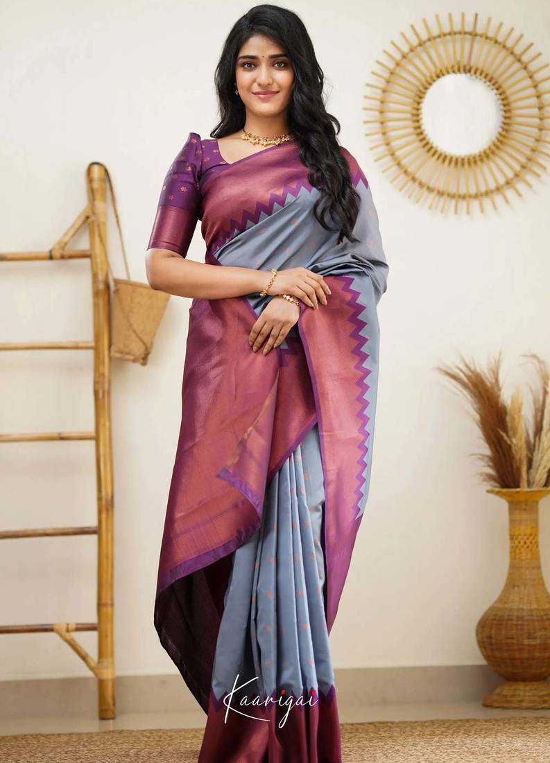 Grey wine silk blend jacuard work festival saree with unstitched blouse piece