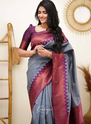 Grey wine silk blend jacuard work festival saree with unstitched blouse piece 2