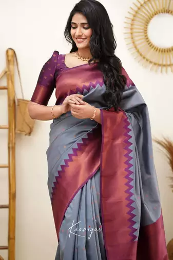 Grey wine silk blend jacuard work festival saree with unstitched blouse piece
