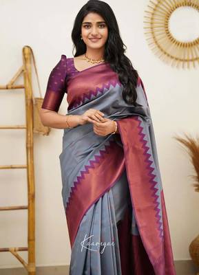 Grey wine silk blend jacuard work festival saree with unstitched blouse piece 3