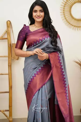 Grey wine silk blend jacuard work festival saree with unstitched blouse piece