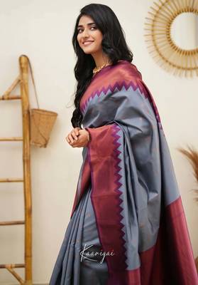 Grey wine silk blend jacuard work festival saree with unstitched blouse piece 4