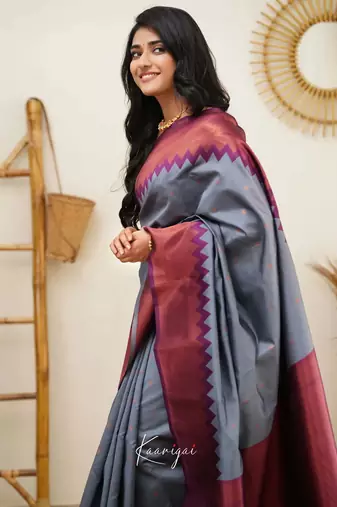 Grey wine silk blend jacuard work festival saree with unstitched blouse piece