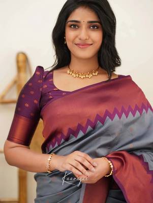 Grey wine silk blend jacuard work festival saree with unstitched blouse piece 5