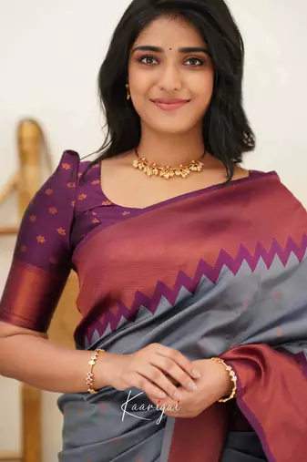 Grey wine silk blend jacuard work festival saree with unstitched blouse piece
