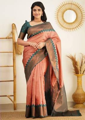 Peach green  silk blend jacuard work festival saree with unstitched blouse piece 1